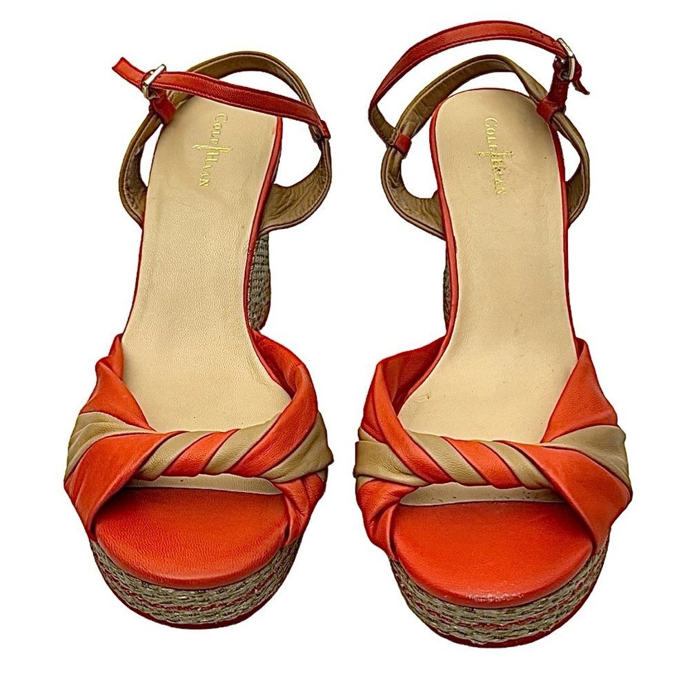 Cole Haan Nike Air Woven Wedge Sandals Orange Tan Leather Women’s ~8.5M - Picture 5 of 7